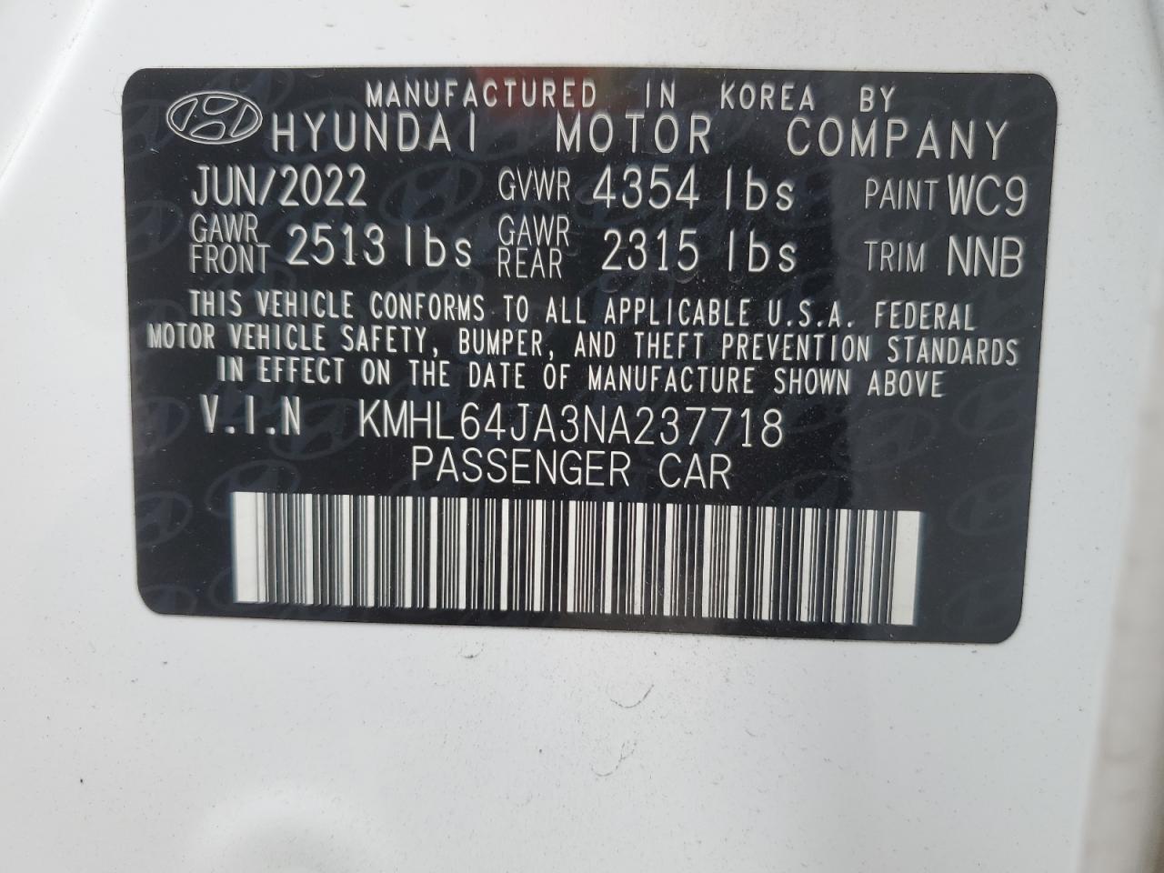 2022 Hyundai Sonata Sel VIN: KMHL64JA3NA237718 Lot: 71925054