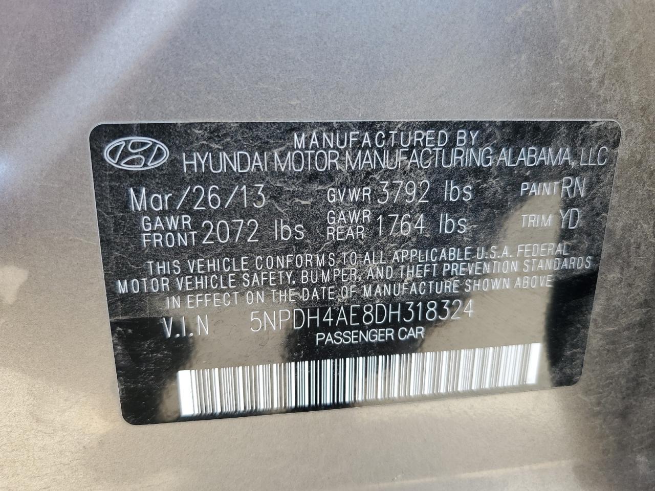 5NPDH4AE8DH318324 2013 Hyundai Elantra Gls