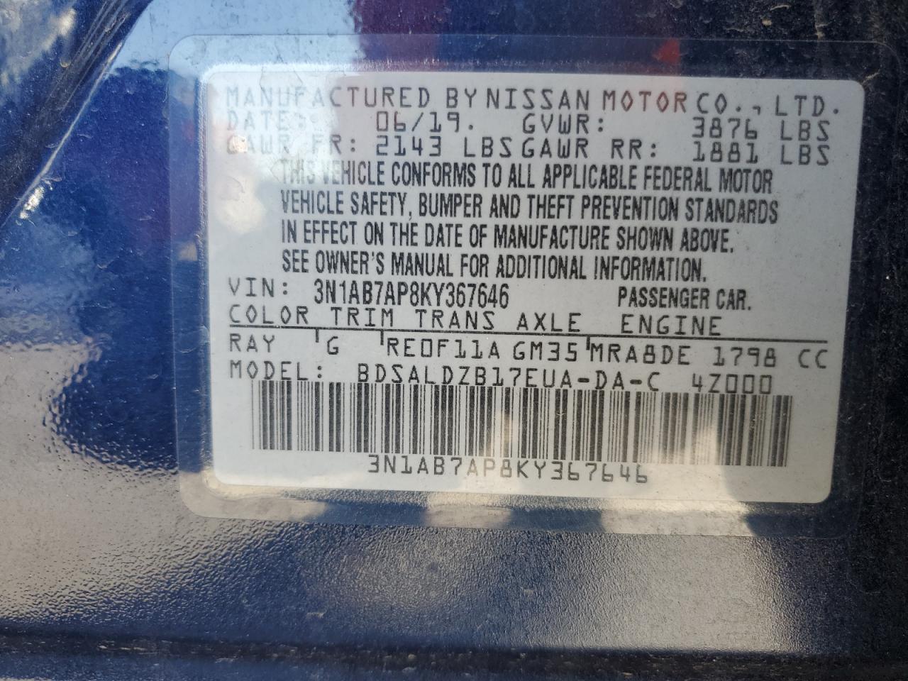 3N1AB7AP8KY367646 2019 Nissan Sentra S