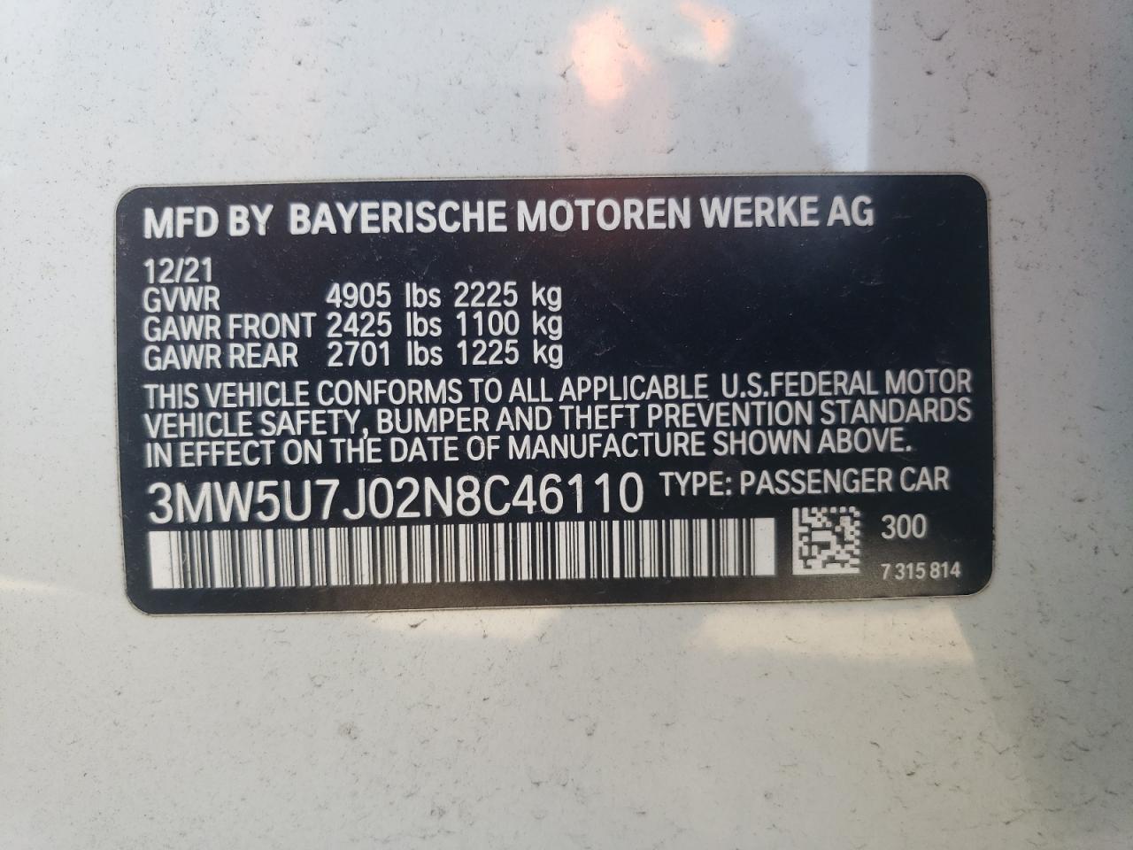 2022 BMW M340I VIN: 3MW5U7J02N8C46110 Lot: 72263424