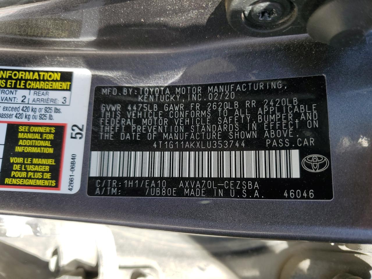 4T1G11AKXLU353744 2020 Toyota Camry Se