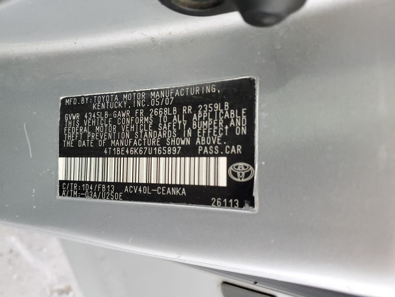 4T1BE46K67U165897 2007 Toyota Camry Ce