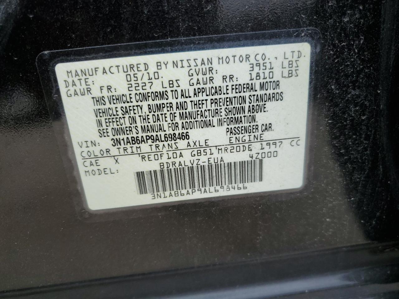 3N1AB6AP9AL698466 2010 Nissan Sentra 2.0