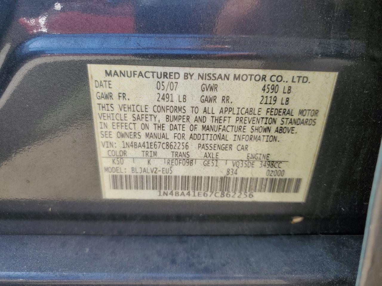 2007 Nissan Maxima Se VIN: 1N4BA41E67C862256 Lot: 69925794