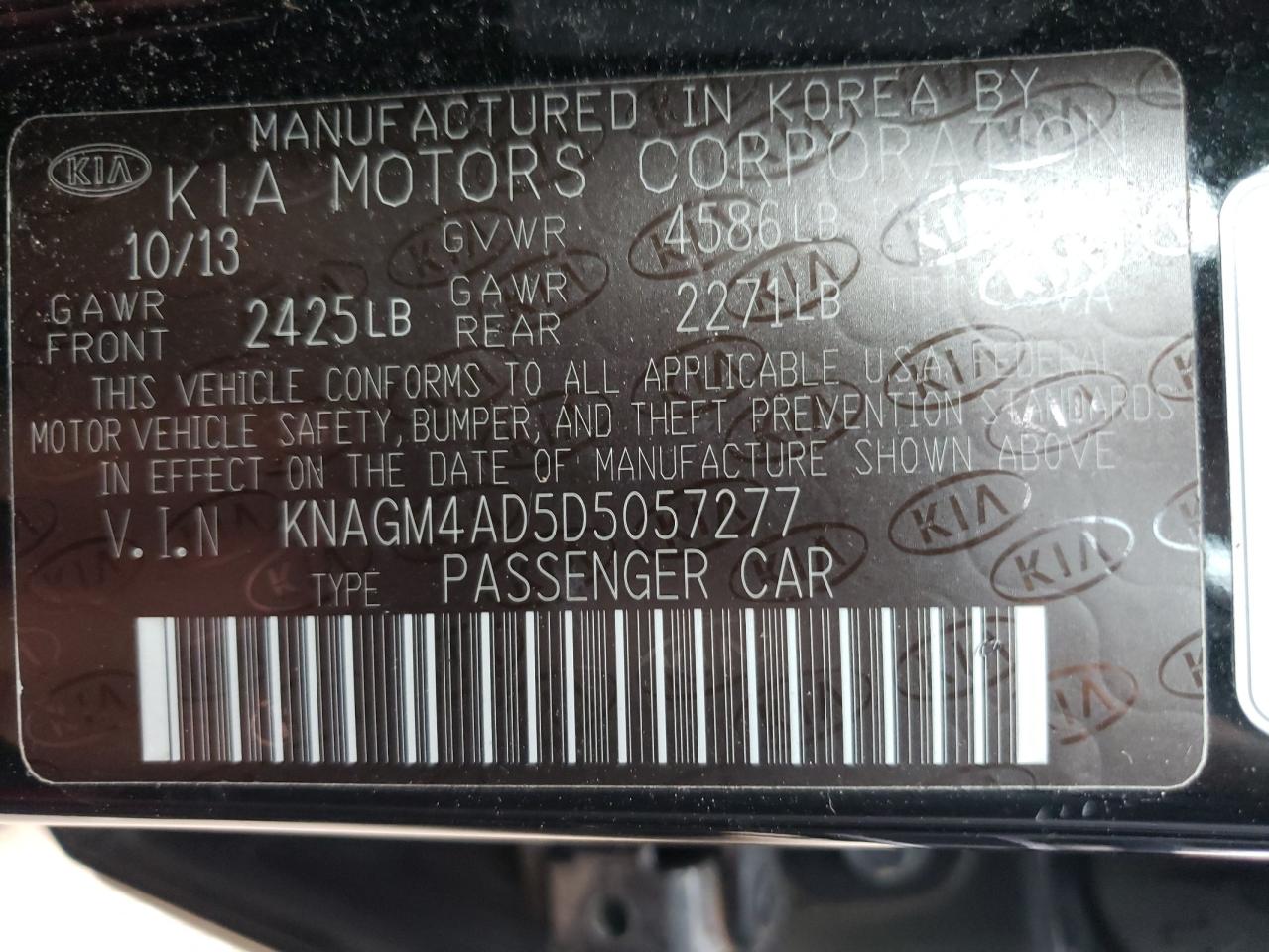 2013 Kia Optima Hybrid VIN: KNAGM4AD5D5057277 Lot: 72438354