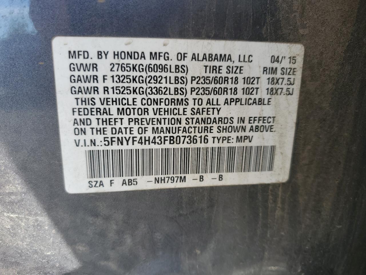 5FNYF4H43FB073616 2015 Honda Pilot Ex