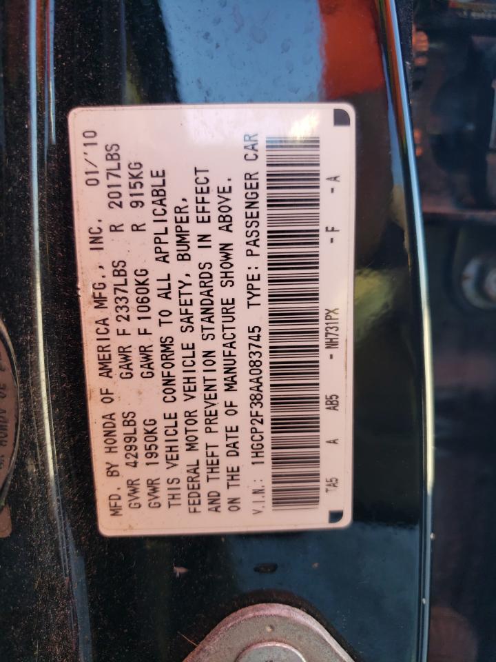 1HGCP2F38AA083745 2010 Honda Accord Lx