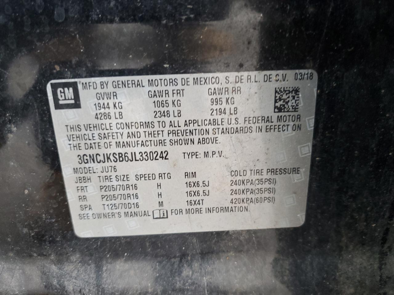 2018 Chevrolet Trax Ls VIN: 3GNCJKSB6JL330242 Lot: 71956434