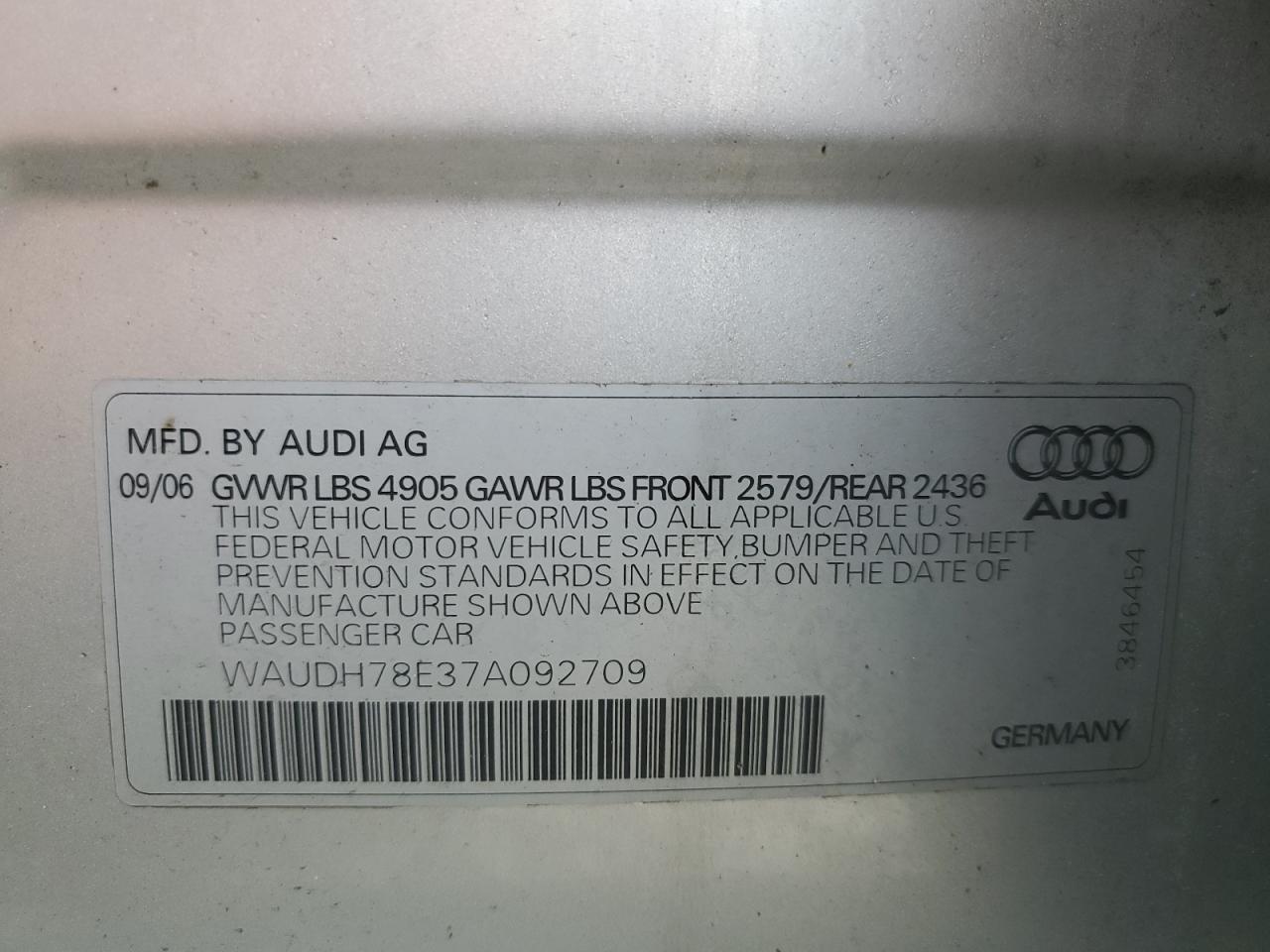 2007 Audi A4 3.2 Quattro VIN: WAUDH78E37A092709 Lot: 70589154