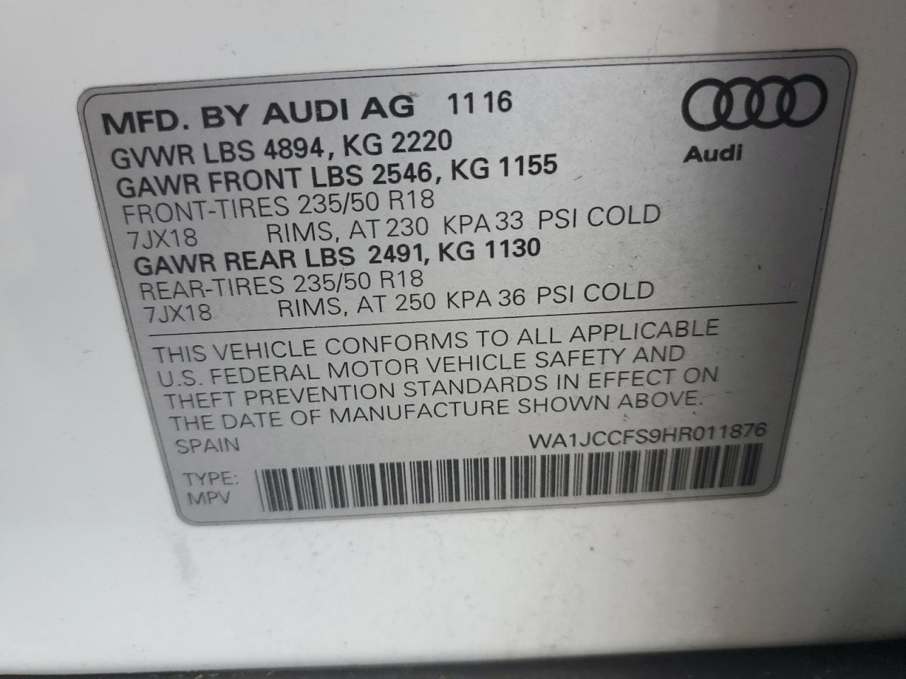 WA1JCCFS9HR011876 2017 Audi Q3 Premium Plus