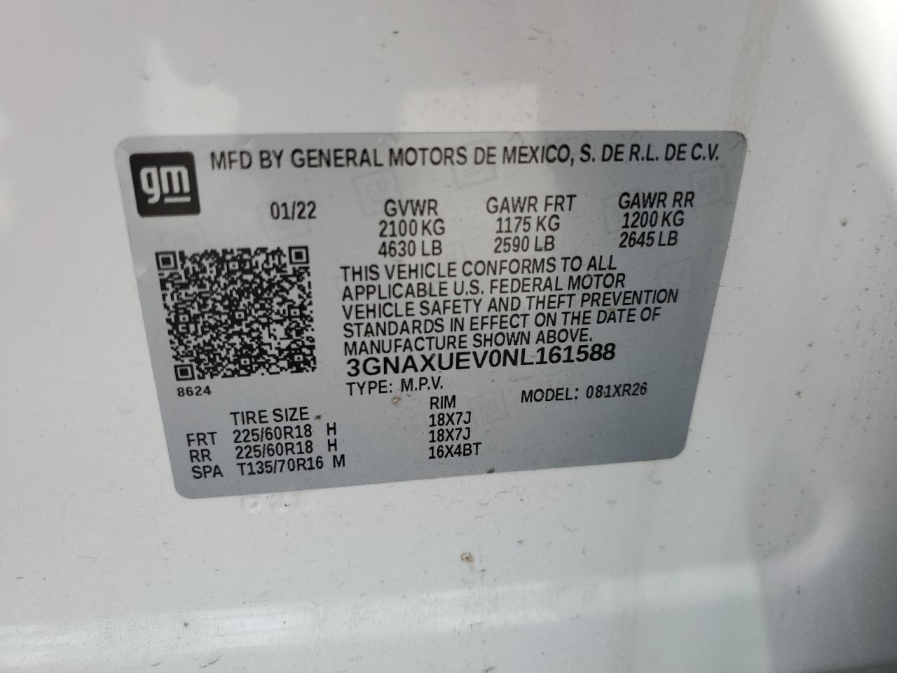 3GNAXUEV0NL161588 2022 Chevrolet Equinox Lt