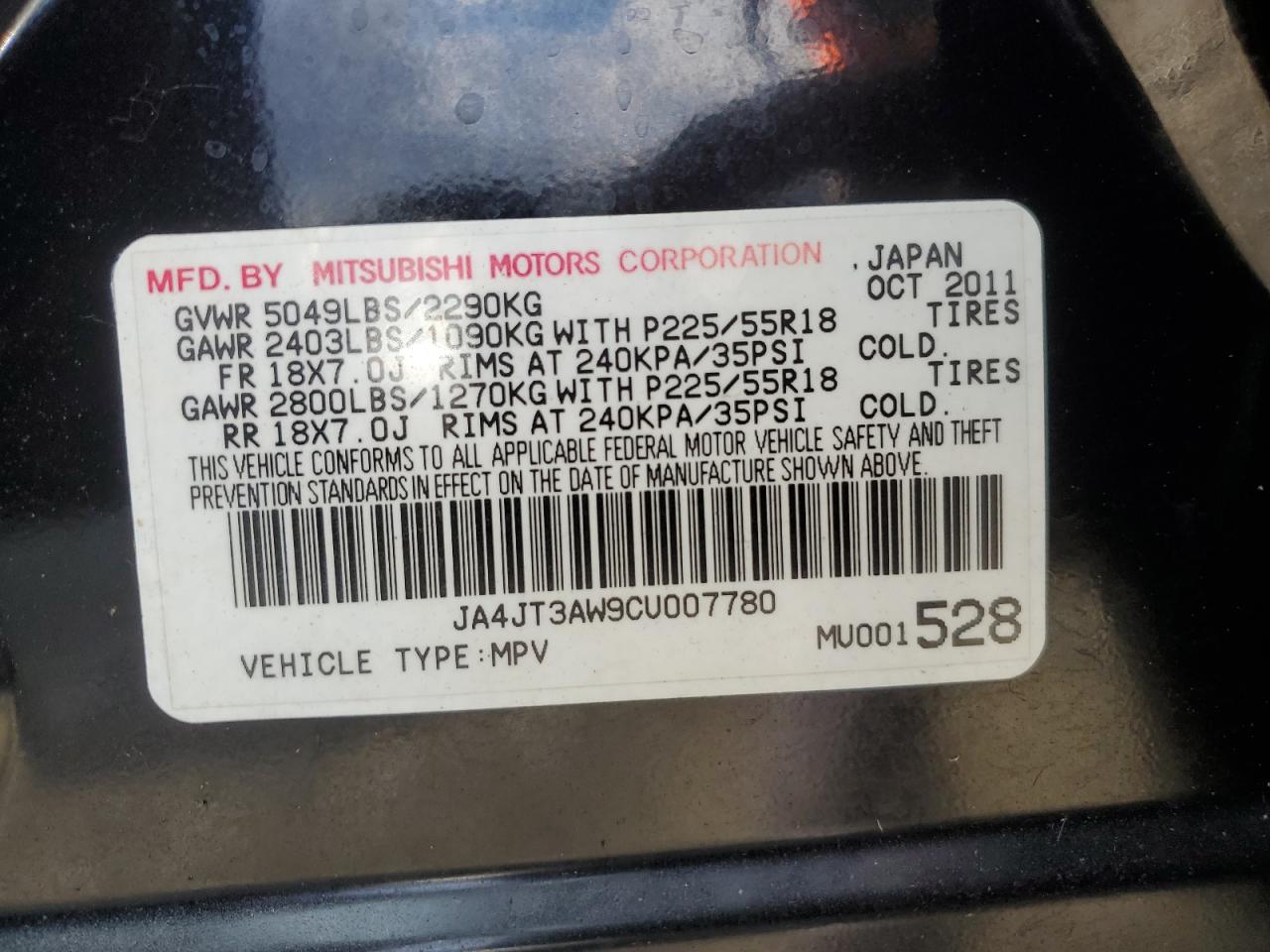 JA4JT3AW9CU007780 2012 Mitsubishi Outlander Se