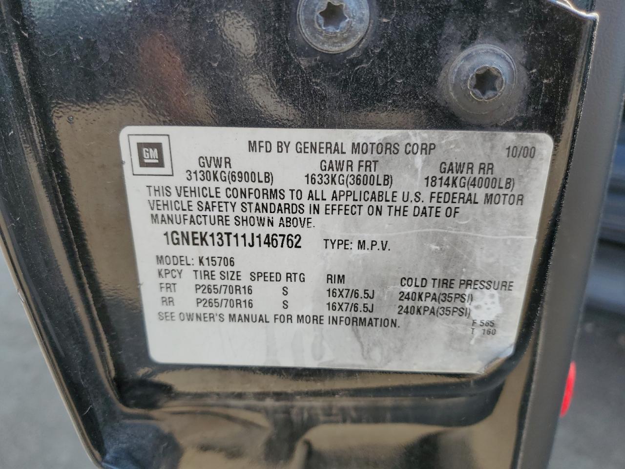 2001 Chevrolet Tahoe K1500 VIN: 1GNEK13T11J146762 Lot: 67490544