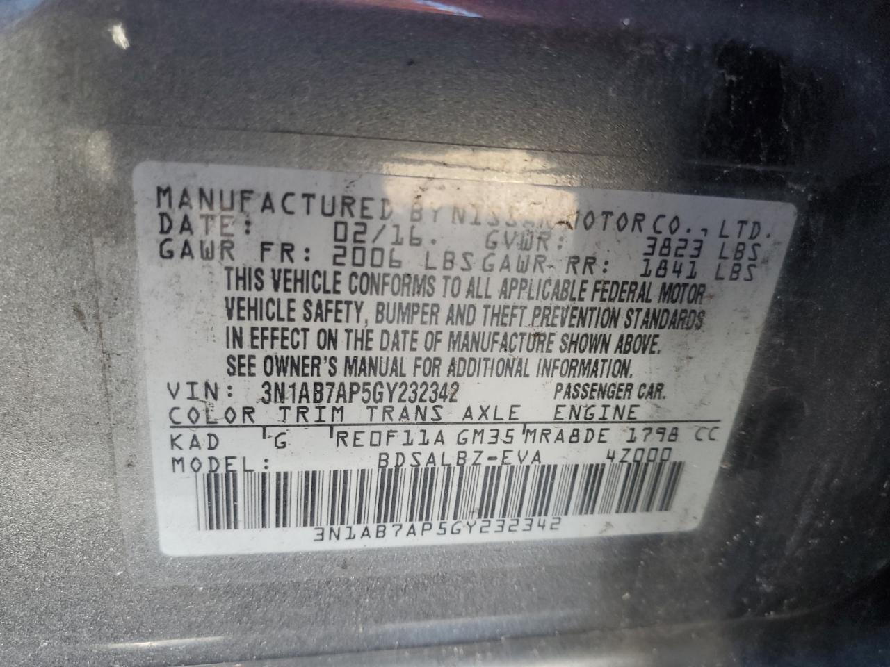 3N1AB7AP5GY232342 2016 Nissan Sentra S