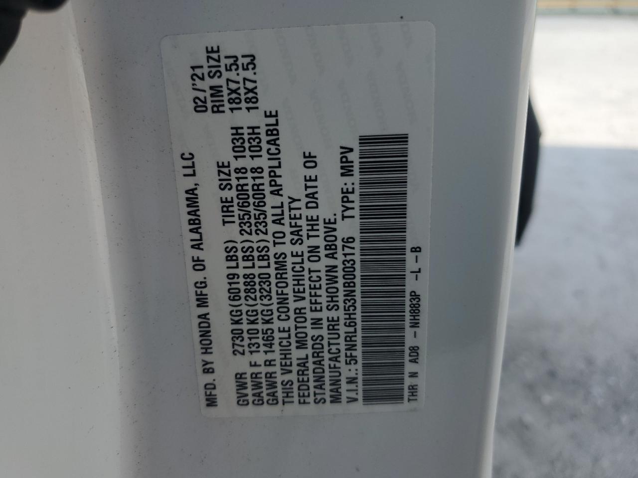 5FNRL6H53NB003176 2022 Honda Odyssey Ex