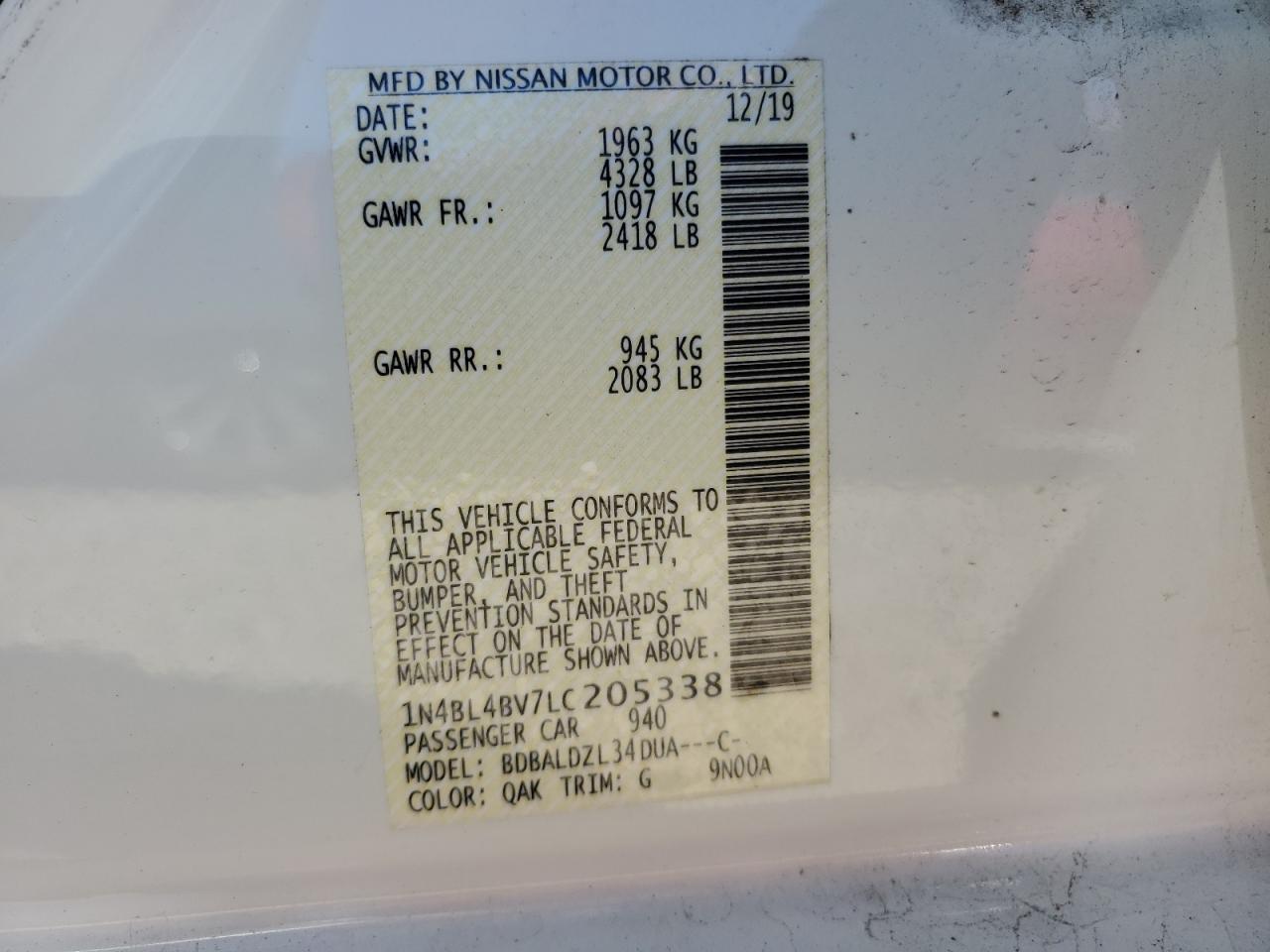 1N4BL4BV7LC205338 2020 Nissan Altima S