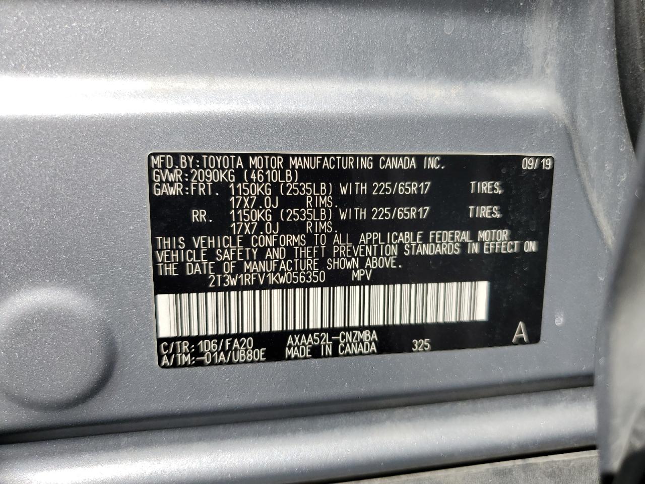 2T3W1RFV1KW056350 2019 Toyota Rav4 Xle