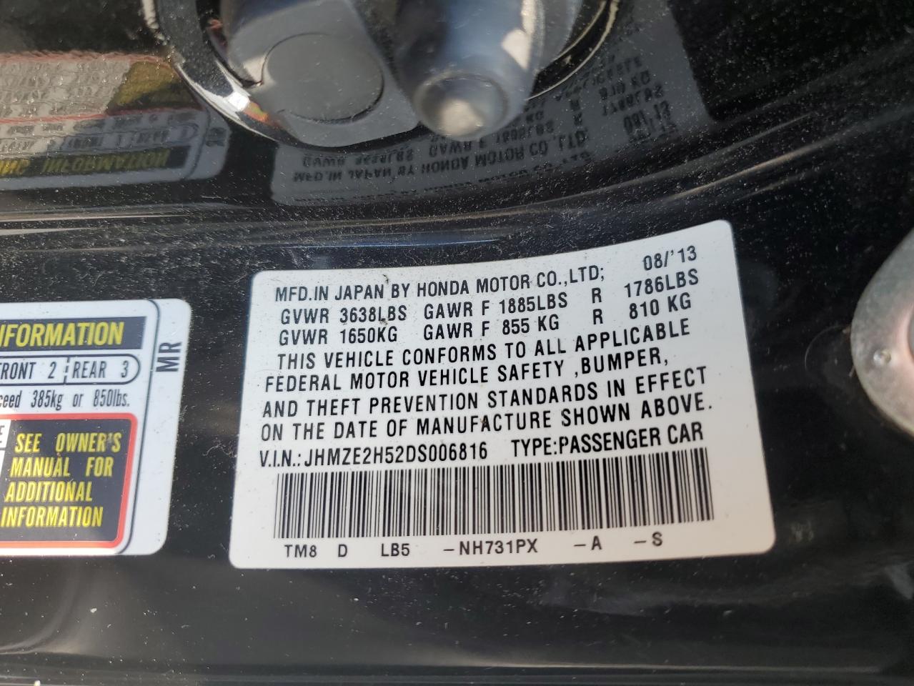 JHMZE2H52DS006816 2013 Honda Insight Lx