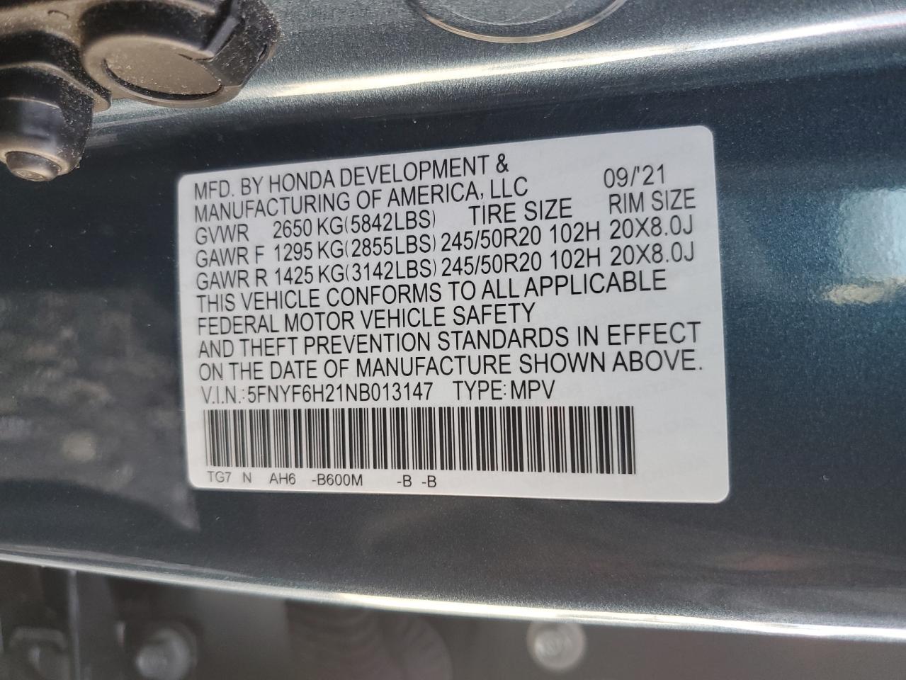 VIN 5FNYF6H21NB013147 2022 HONDA PILOT no.14