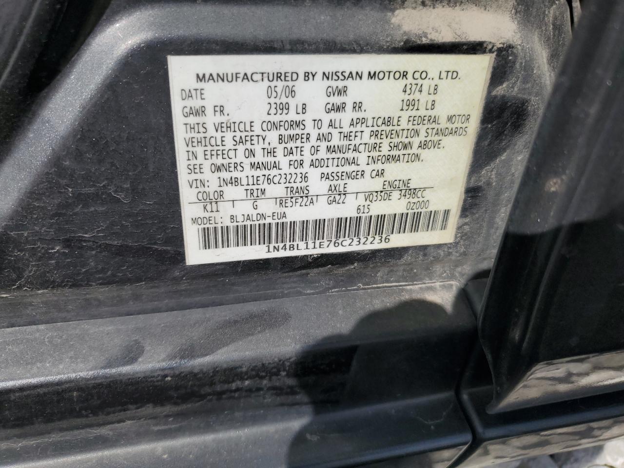 1N4BL11E76C232236 2006 Nissan Altima Se