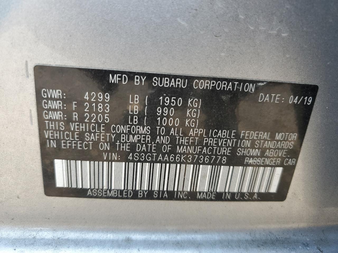 4S3GTAA66K3736778 2019 Subaru Impreza