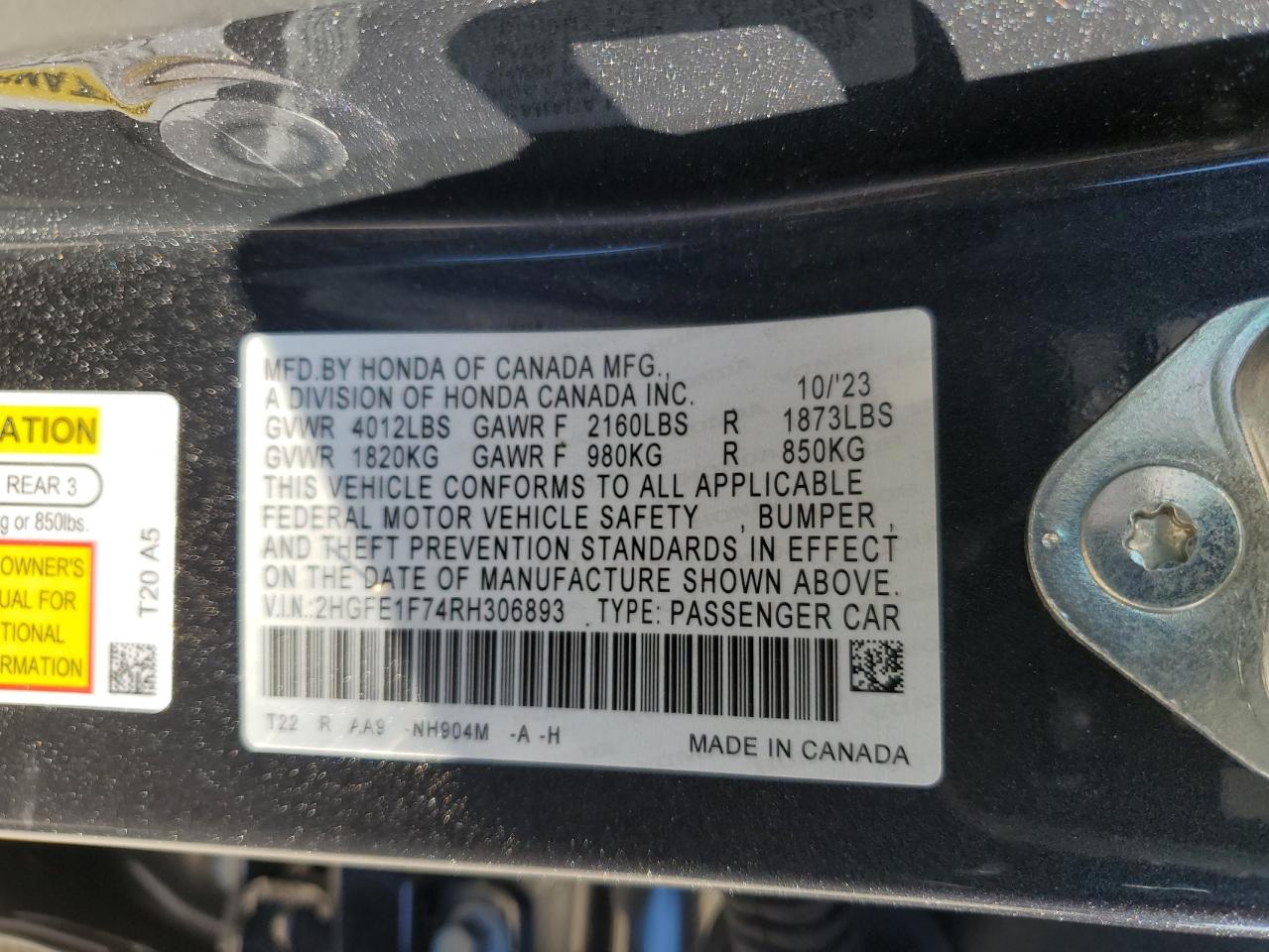 2HGFE1F74RH306893 2024 Honda Civic Ex