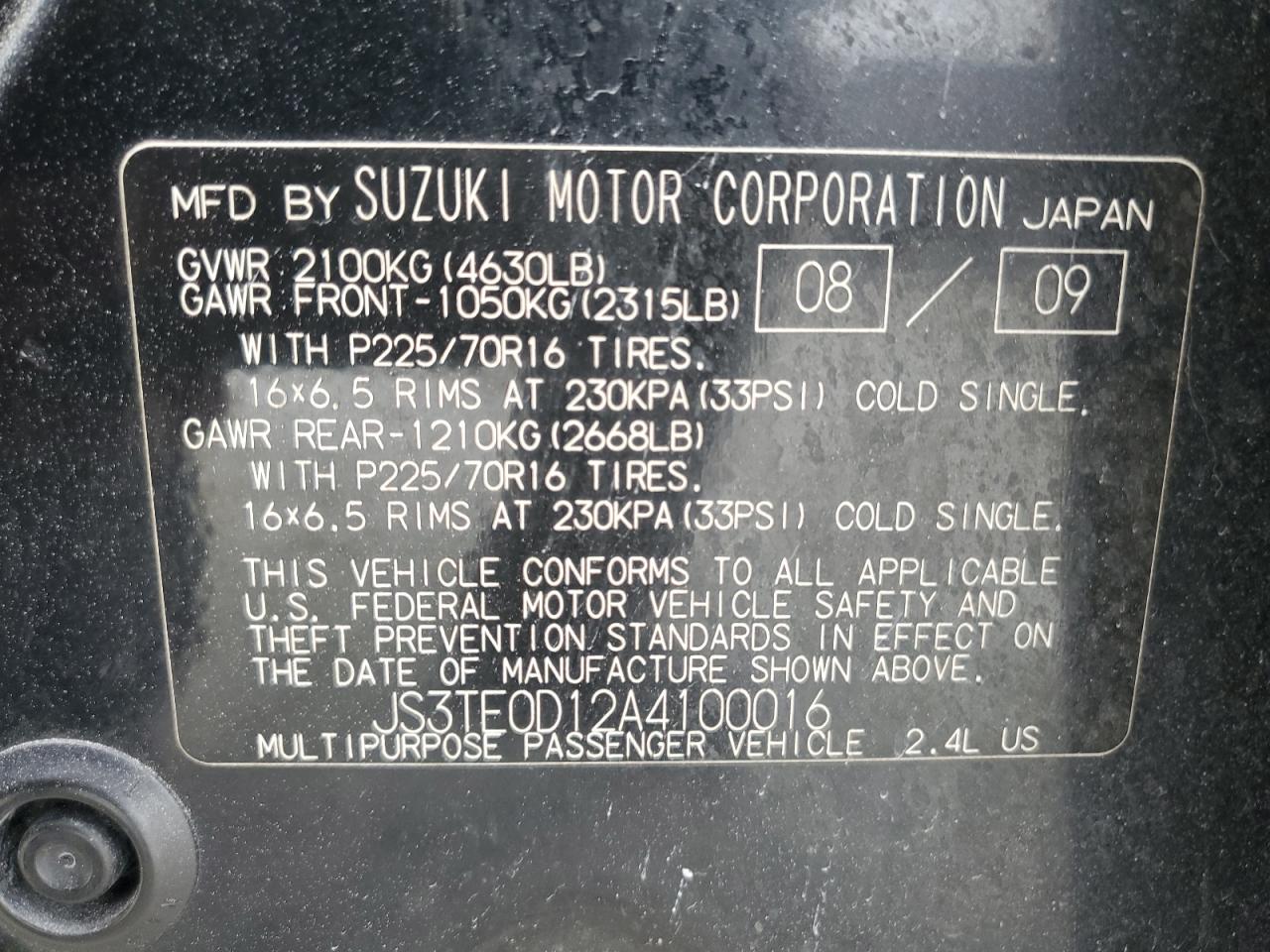 JS3TE0D12A4100016 2010 Suzuki Grand Vitara