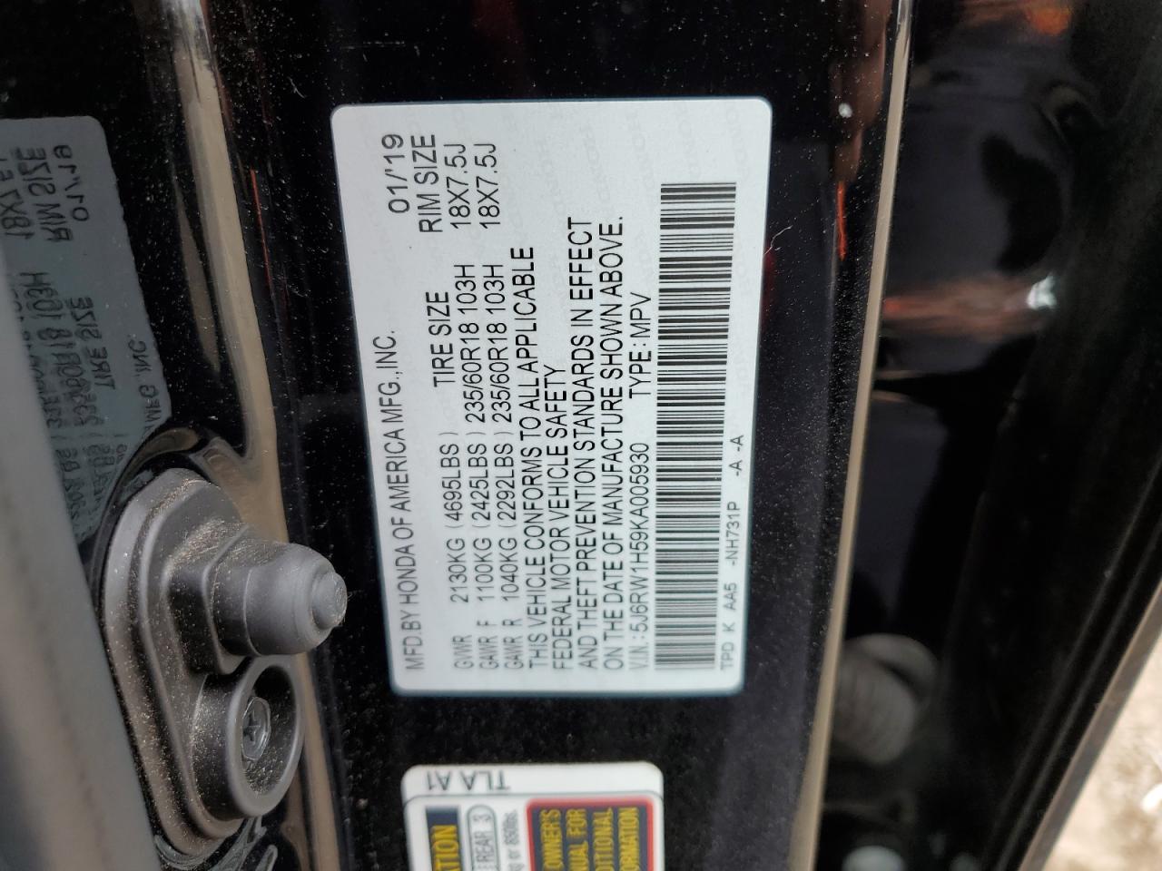 5J6RW1H59KA005930 2019 Honda Cr-V Ex