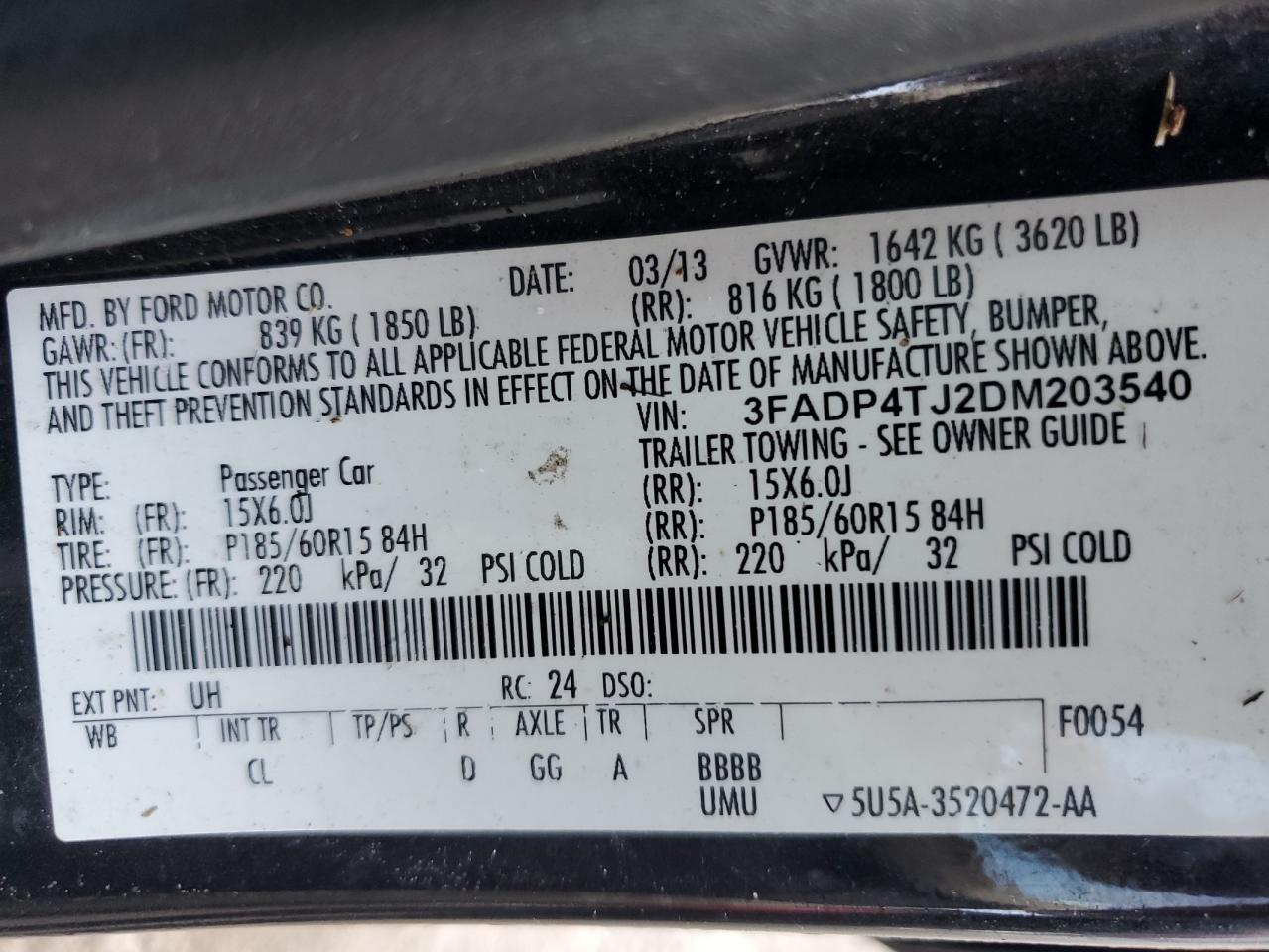 2013 Ford Fiesta S VIN: 3FADP4TJ2DM203540 Lot: 73799604