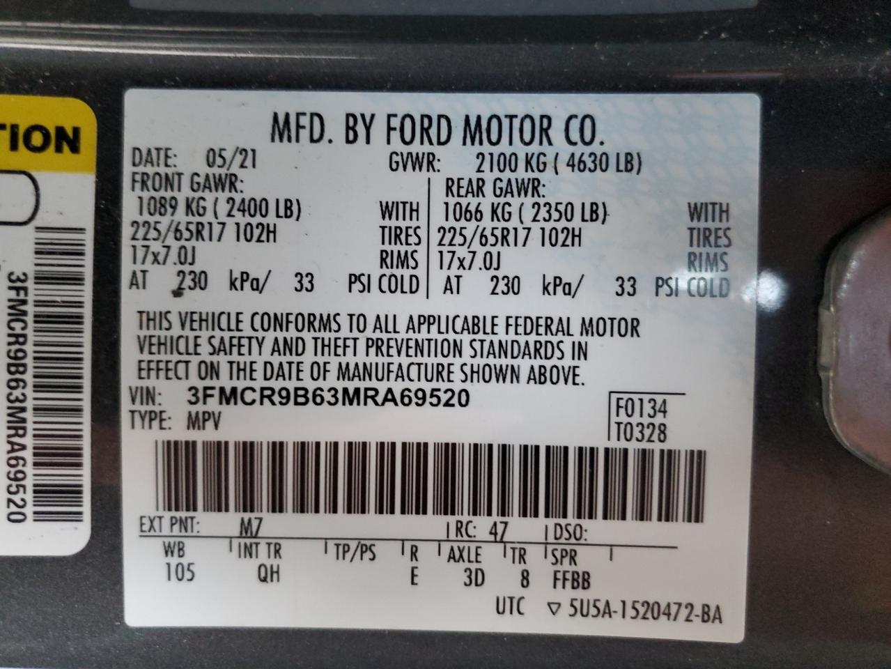 2021 Ford Bronco Sport Big Bend VIN: 3FMCR9B63MRA69520 Lot: 72590604