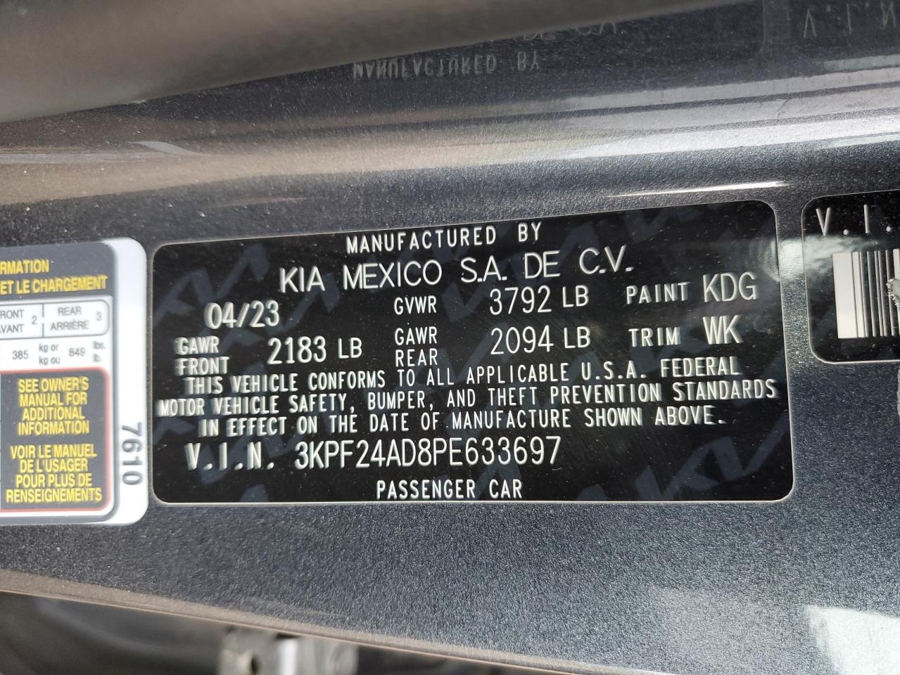 3KPF24AD8PE633697 2023 Kia Forte Lx