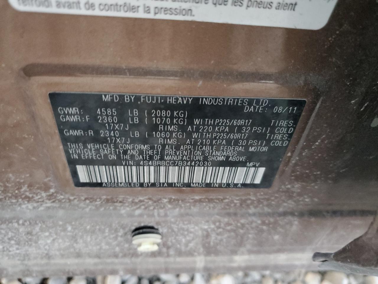 2011 Subaru Outback 2.5I Premium VIN: 4S4BRBCC7B3442030 Lot: 71398724