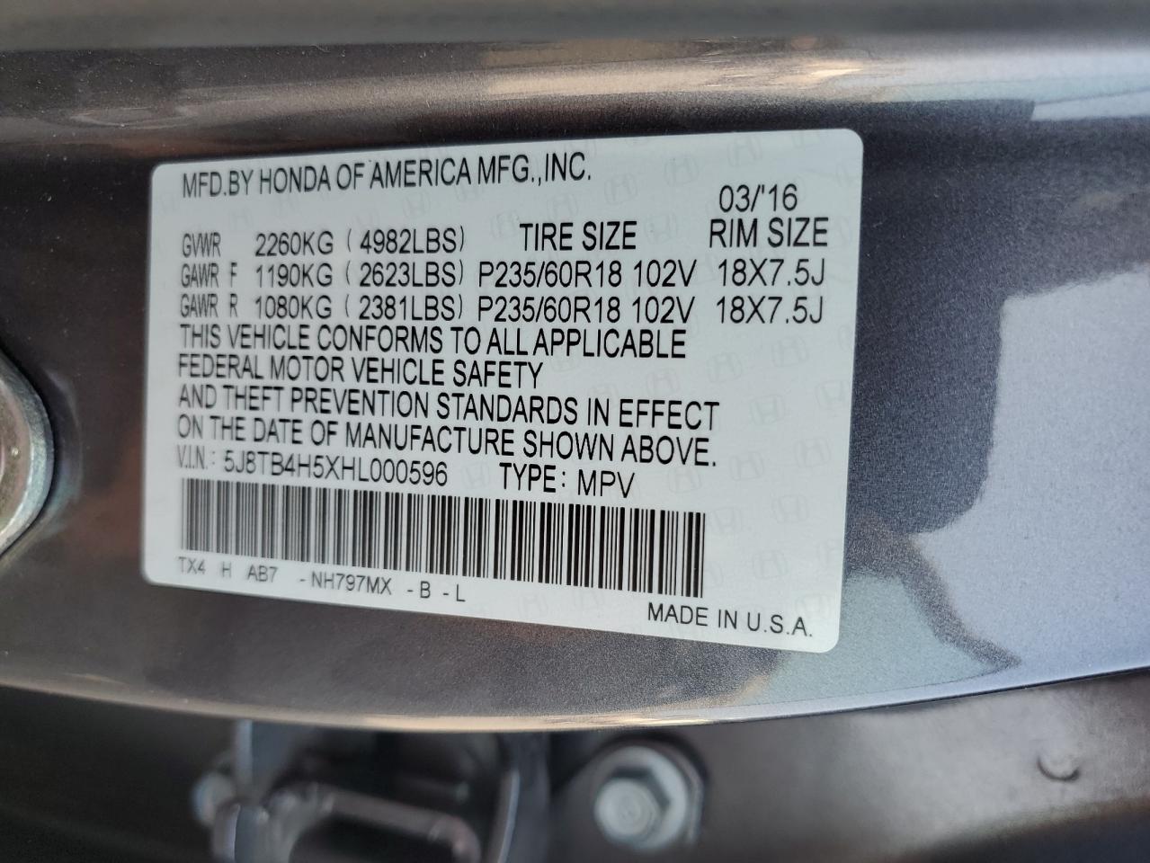 5J8TB4H5XHL000596 2017 Acura Rdx Technology