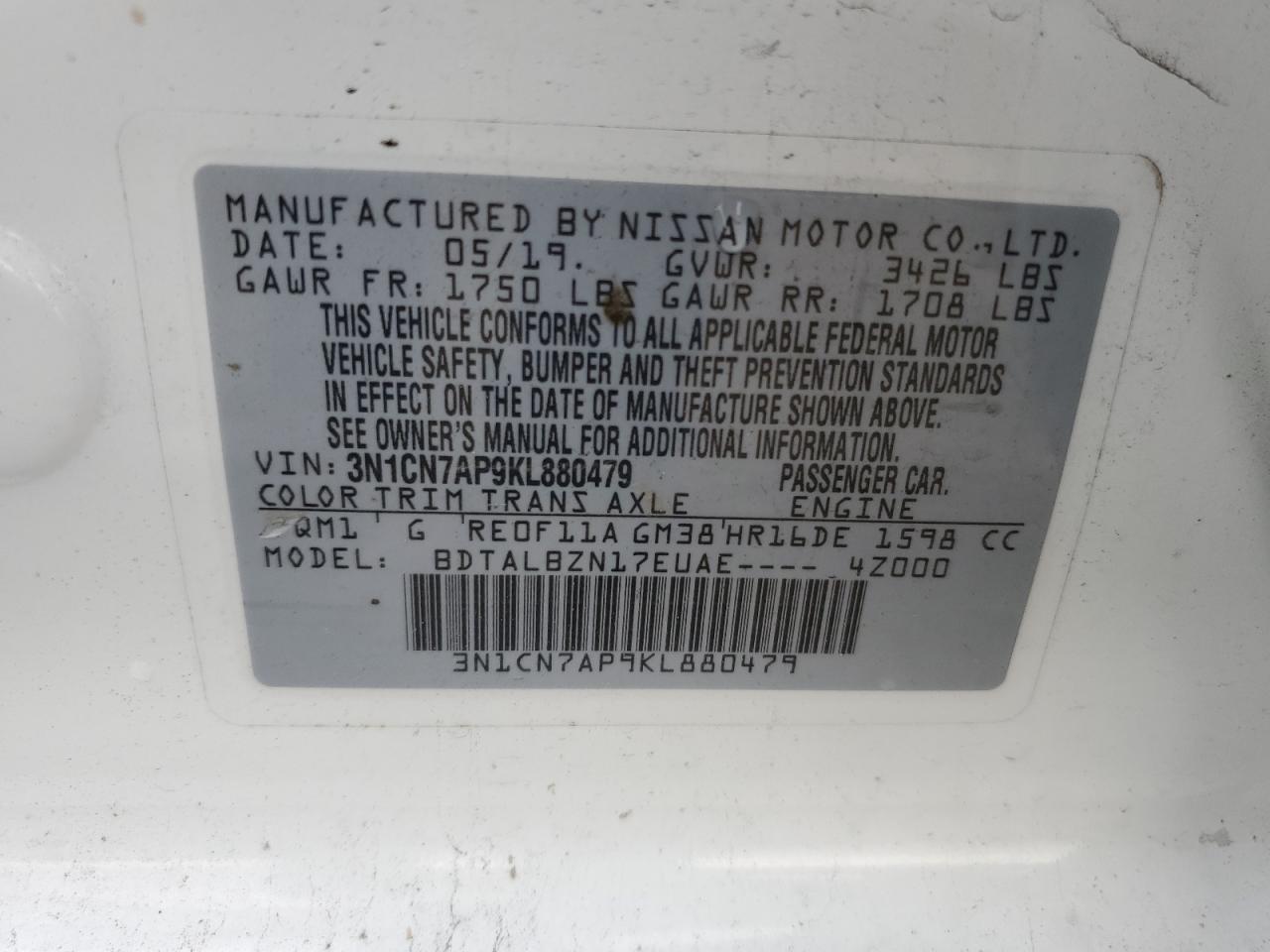 3N1CN7AP9KL880479 2019 Nissan Versa S