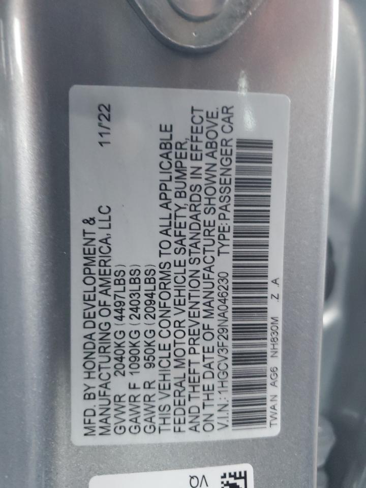 1HGCV3F29NA046230 2022 Honda Accord Hybrid Sport