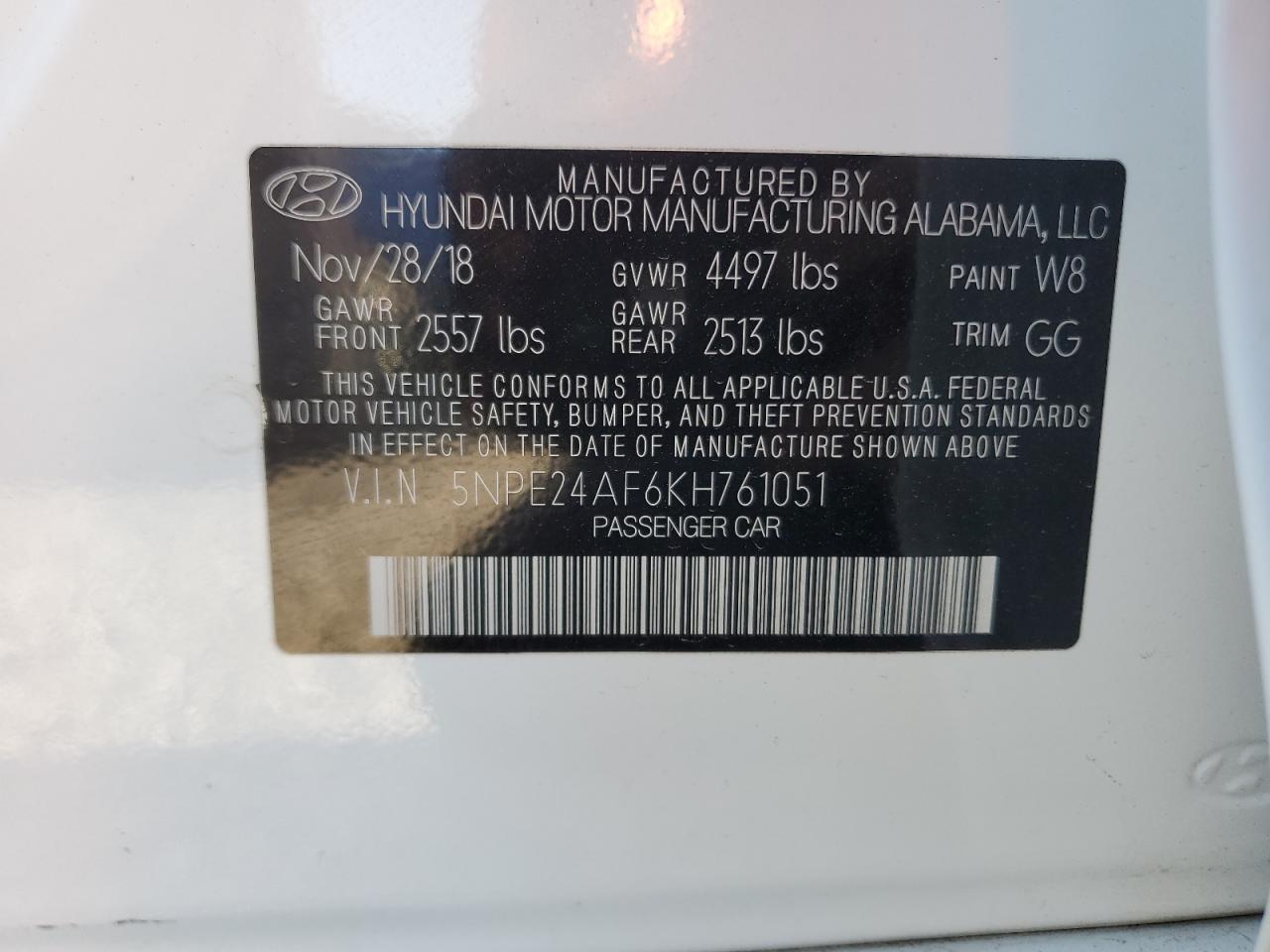 5NPE24AF6KH761051 2019 Hyundai Sonata Se