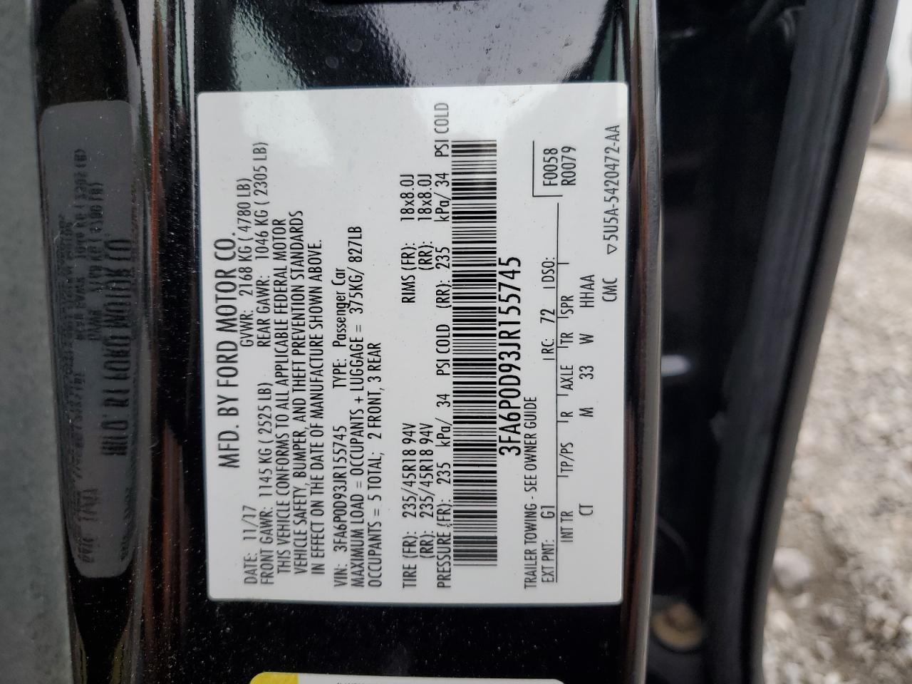 3FA6P0D93JR155745 2018 Ford Fusion Titanium/Platinum