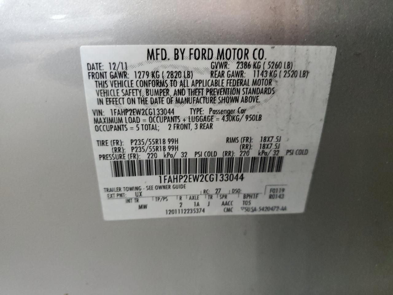 1FAHP2EW2CG133044 2012 Ford Taurus Sel