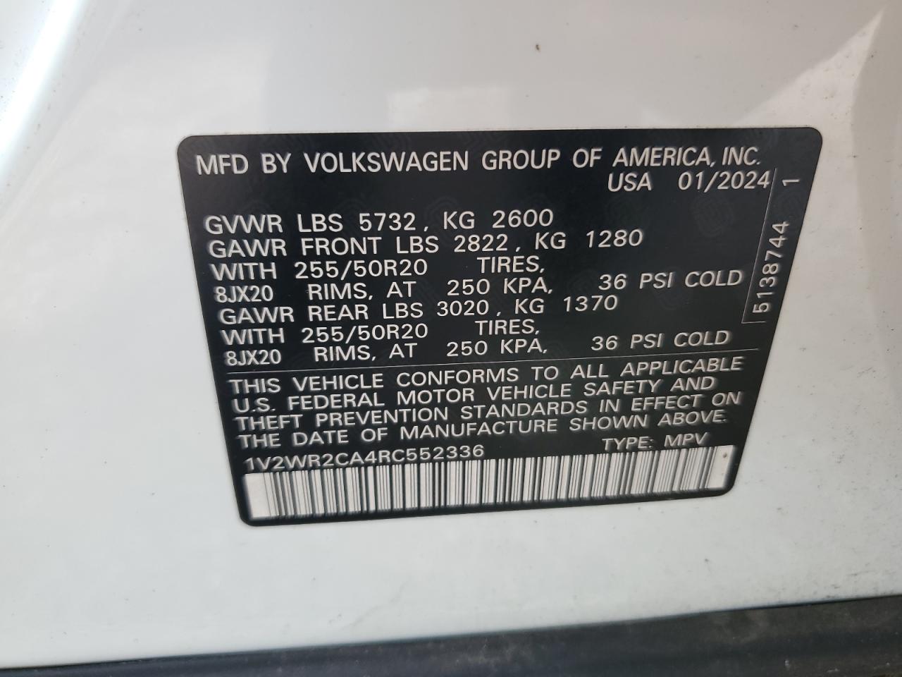 1V2WR2CA4RC552336 2024 Volkswagen Atlas Se