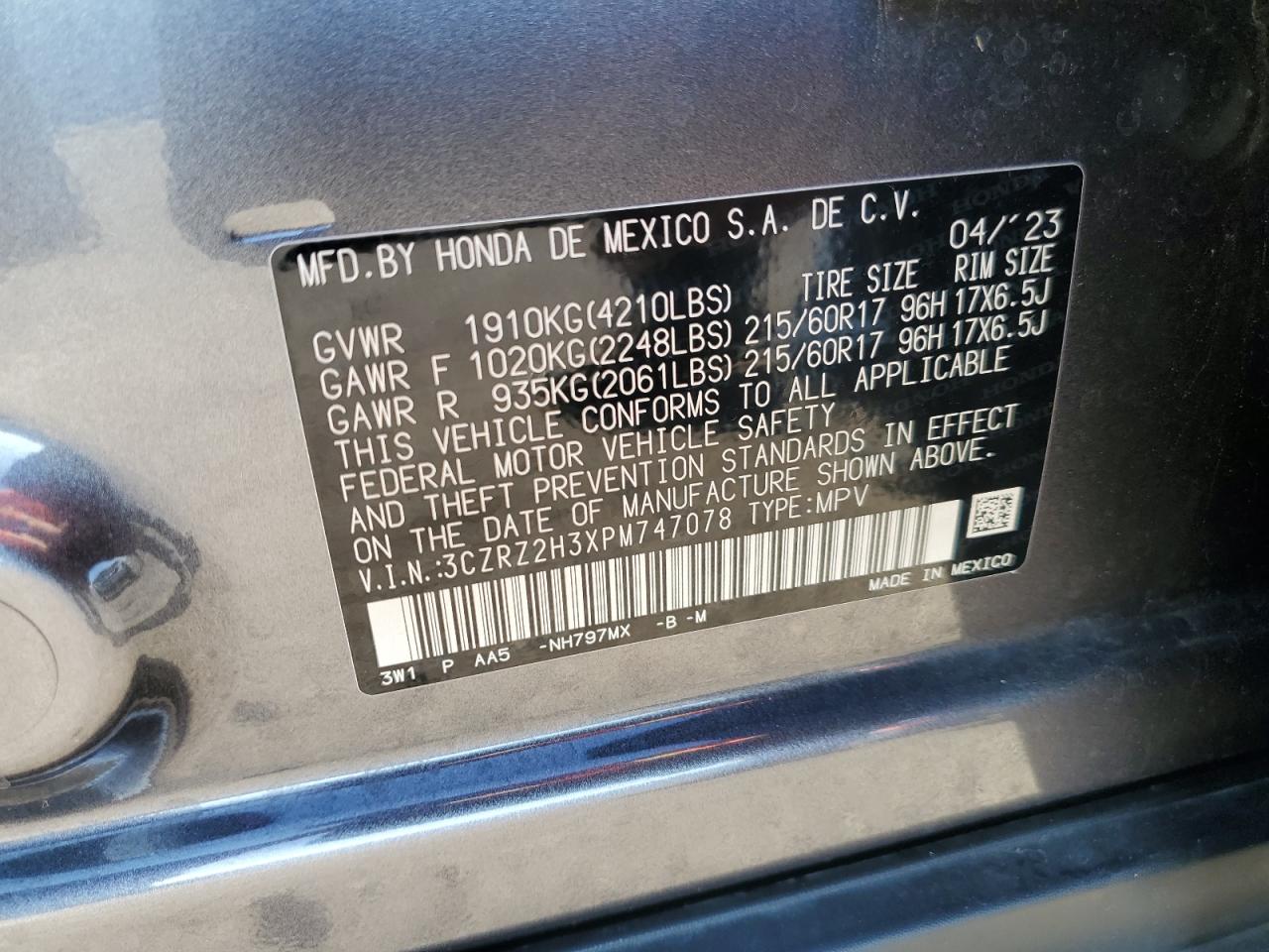 3CZRZ2H3XPM747078 2023 Honda Hr-V Lx