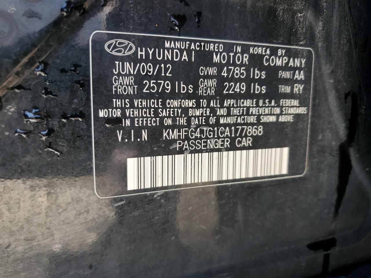 KMHFG4JG1CA177868 2012 Hyundai Azera Gls