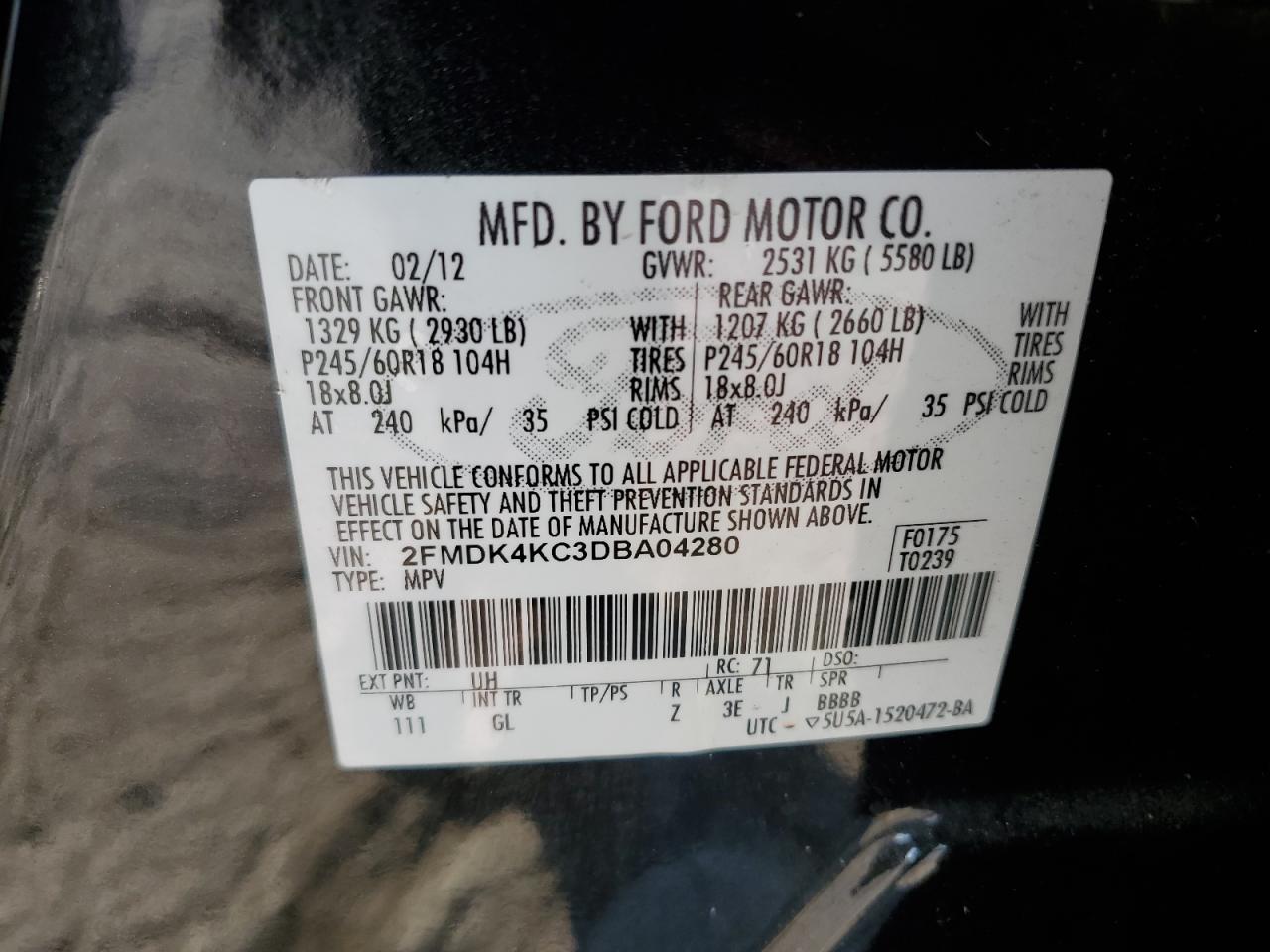 2013 Ford Edge Limited VIN: 2FMDK4KC3DBA04280 Lot: 72203484