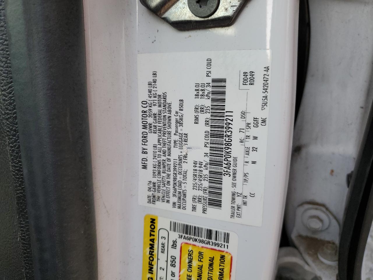 3FA6P0K98GR399211 2016 Ford Fusion Titanium