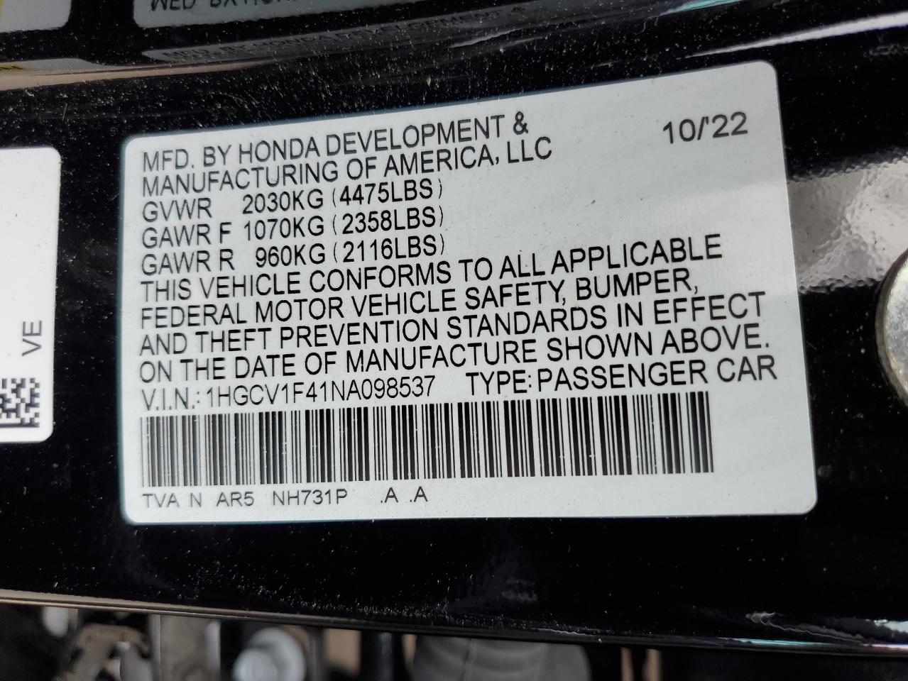 2022 Honda Accord Sport Se VIN: 1HGCV1F41NA098537 Lot: 70147524