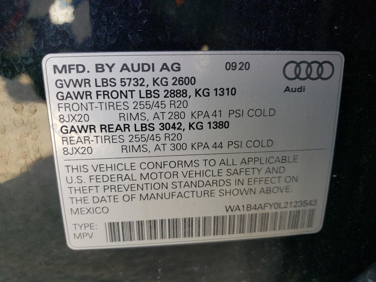 2020 Audi Sq5 Premium Plus VIN: WA1B4AFY0L2123543 Lot: 71032274