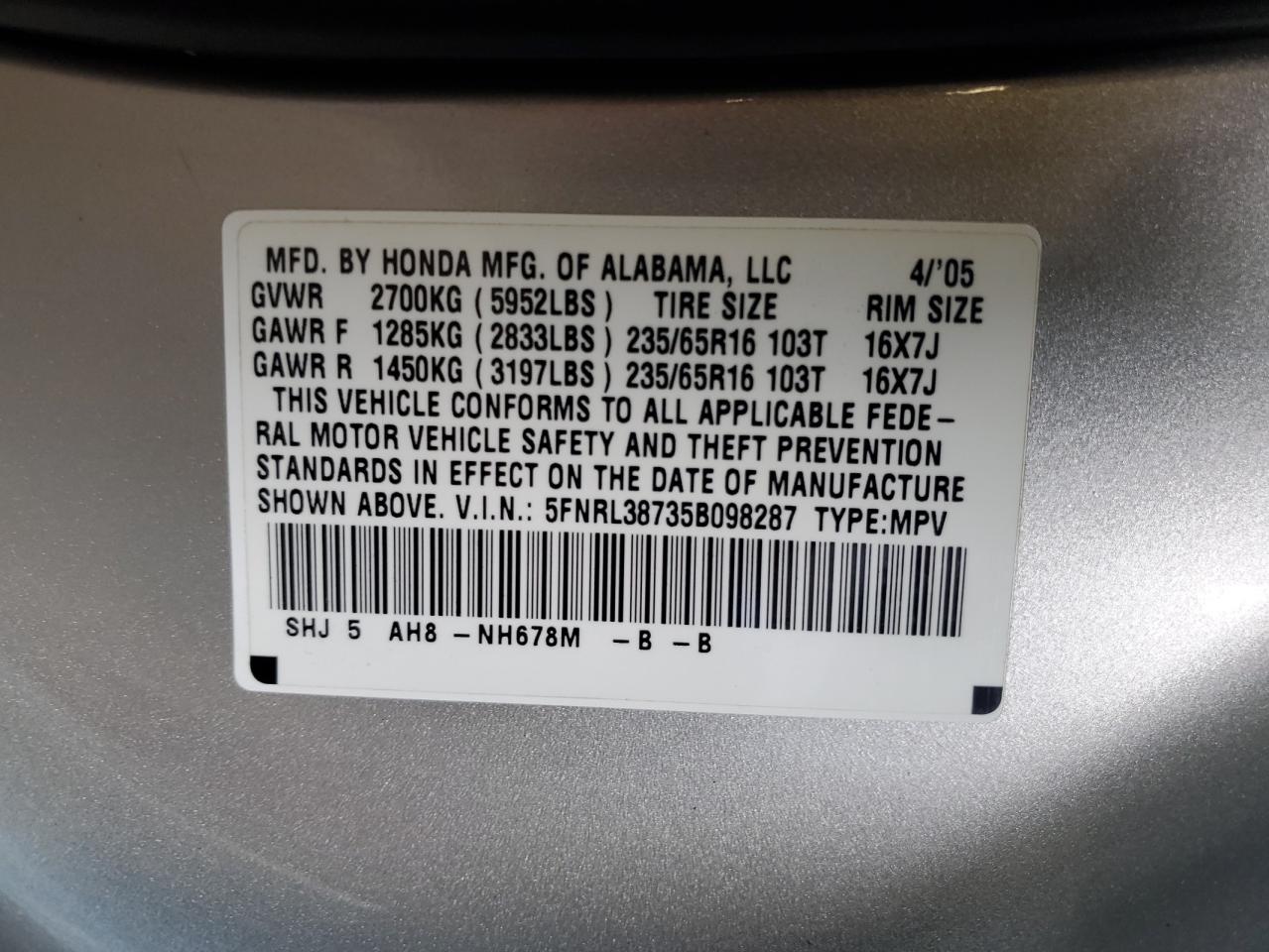 5FNRL38735B098287 2005 Honda Odyssey Exl