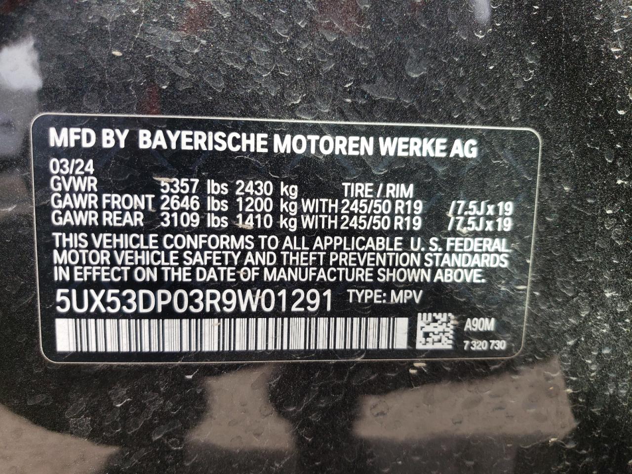 2024 BMW X3 xDrive30I VIN: 5UX53DP03R9W01291 Lot: 69768604