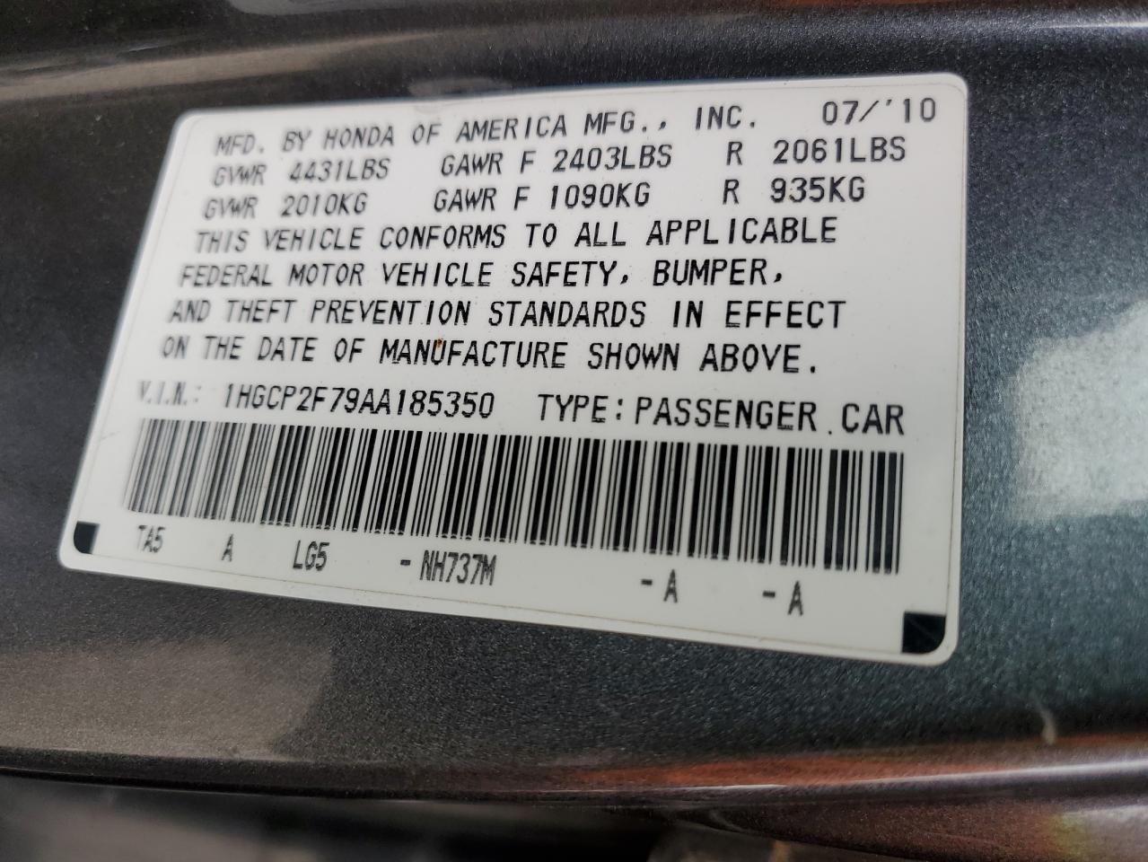 2010 Honda Accord Ex VIN: 1HGCP2F79AA185350 Lot: 72414004