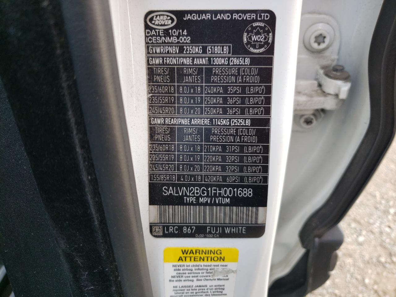 2015 Land Rover Range Rover Evoque Pure VIN: SALVN2BG1FH001688 Lot: 71028974