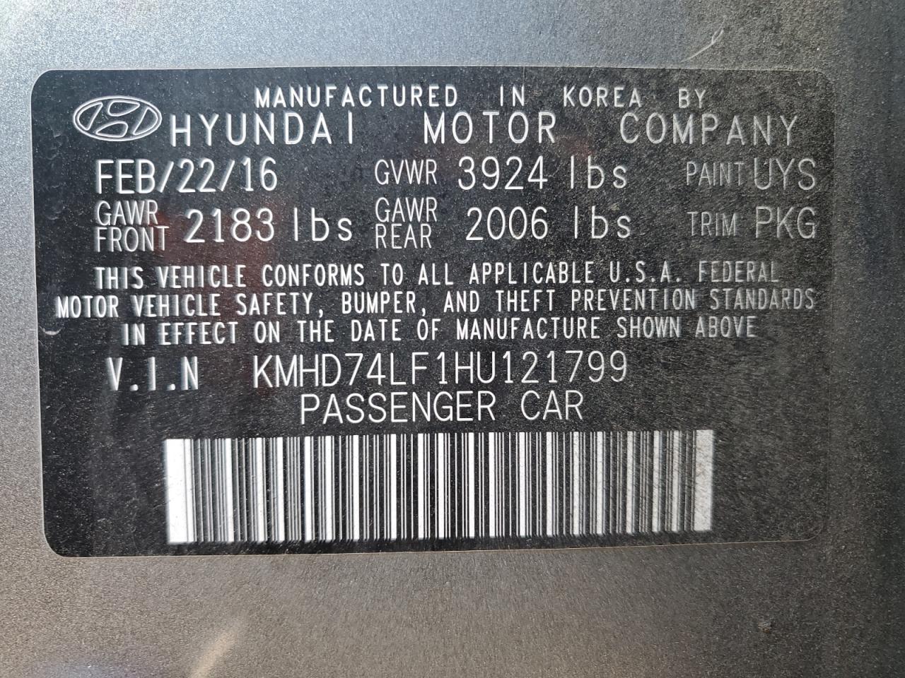 KMHD74LF1HU121799 2017 Hyundai Elantra Se